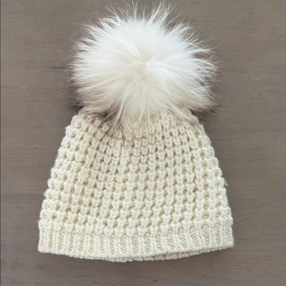KyiKyi Canada Cozy Cream Knit Fur Pom-Pom Hat